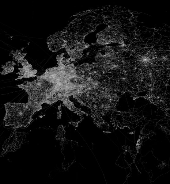 OpenStreetMap GPS trace density in and near Europe (adapted) (Image by Eric Fischer [CC BY 2.0] via Flickr)