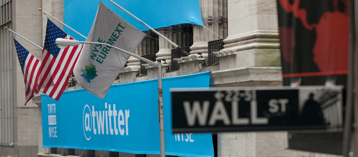 A Twitter Banner Draped Over The New York Stock Exchange For Twitter's IPO (adapted) (Image by Anthony Quintano [CC BY 2.0] via flickr)