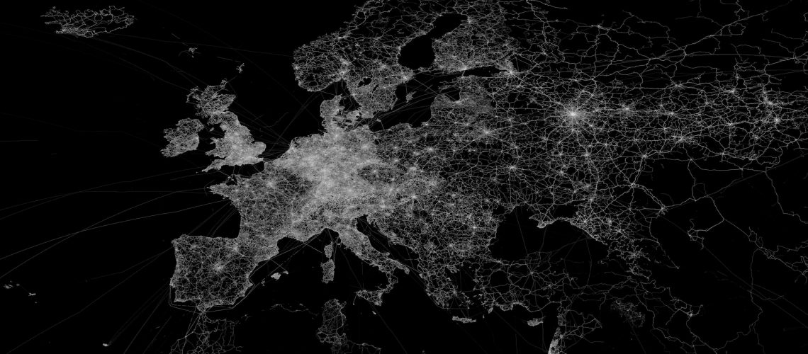OpenStreetMap GPS trace density in and near Europe (adapted) (Image by Eric Fischer [CC BY 2.0] via Flickr
