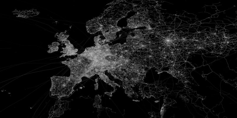 OpenStreetMap GPS trace density in and near Europe (adapted) (Image by Eric Fischer [CC BY 2.0] via Flickr