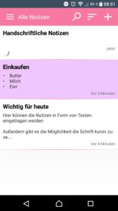 Notepad App Notizen Übersicht pink (Screenshot by Jennifer Eilitz)