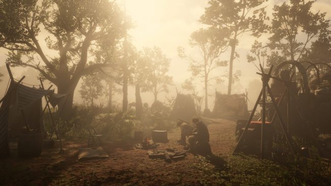 Das Lager der van Der Linde Gang im Wald bei Nebel.