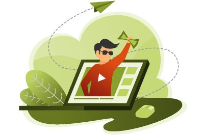 Person schaut aus YouTube-Video mit Geld in der Hand raus