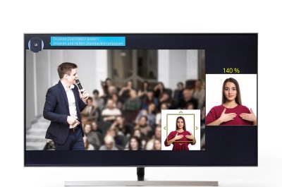 Für die Barrierefreiheit beim Fernsehen vergrößert der Gebärdensprache-Zoom auf Samsung Smart TVs das Fenster mit Dolmetschern