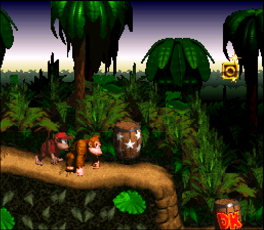 Donke Kong und Diddy Kong durchstreifen den Dschungel.