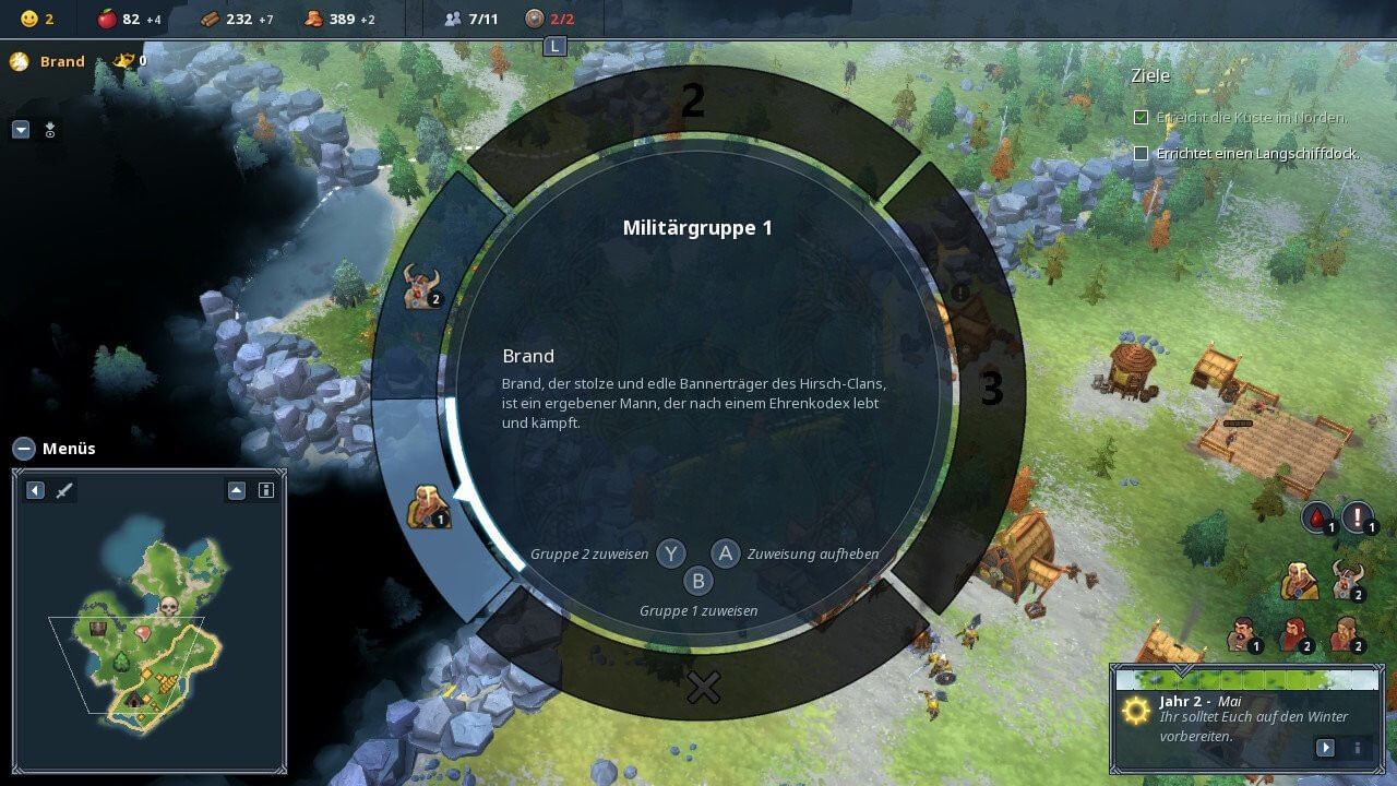 Gruppierung der Miltäreinheiten in Northgard Um Gebäuden Arbeiter zuzuweisen wählen wir das Gebäude an und können über die Controller-Buttons die Option "Zuweisen" auswählen. Das ist sehr konsolenfreundlich. / Screenshot-Image by Shiro Games