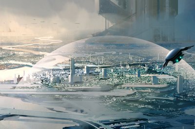 Science Fiction für Tech Ideen Titelbild (Raumschiff vor futuristischer Stadt) - Image by liuzishan