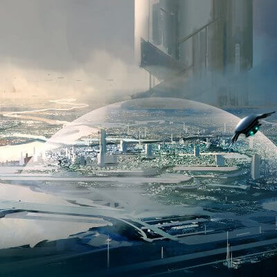 Science Fiction für Tech Ideen Titelbild (Raumschiff vor futuristischer Stadt) - Image by liuzishan