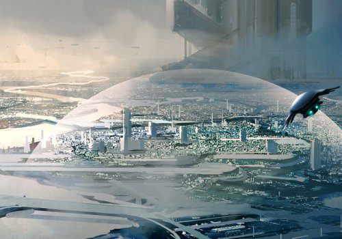 Science Fiction für Tech Ideen Titelbild (Raumschiff vor futuristischer Stadt) - Image by liuzishan