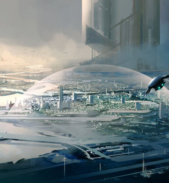 Science Fiction für Tech Ideen Titelbild (Raumschiff vor futuristischer Stadt) - Image by liuzishan