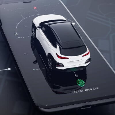 Ein Auto fährt auf einem überdimensioniertem Smartphone auf dem dem eine App geöffnet ist, mit der man Zugang zum Auto bekommt.