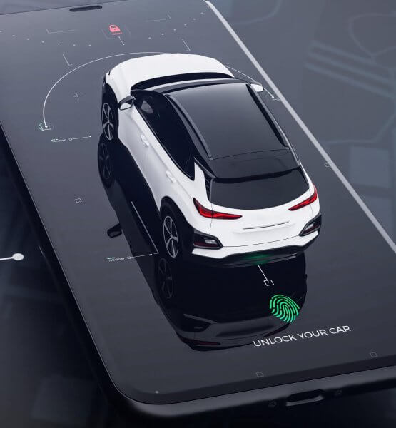 Ein Auto fährt auf einem überdimensioniertem Smartphone auf dem dem eine App geöffnet ist, mit der man Zugang zum Auto bekommt.