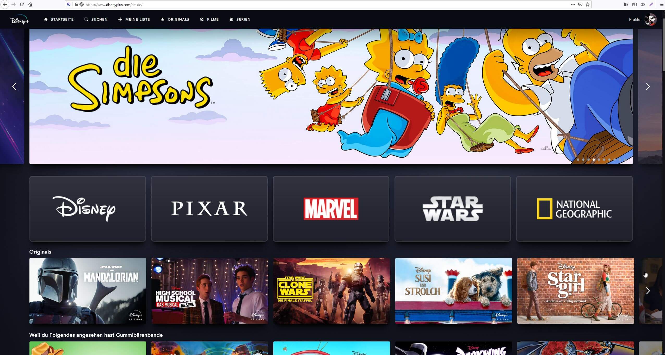 Startseite von Disney Plus