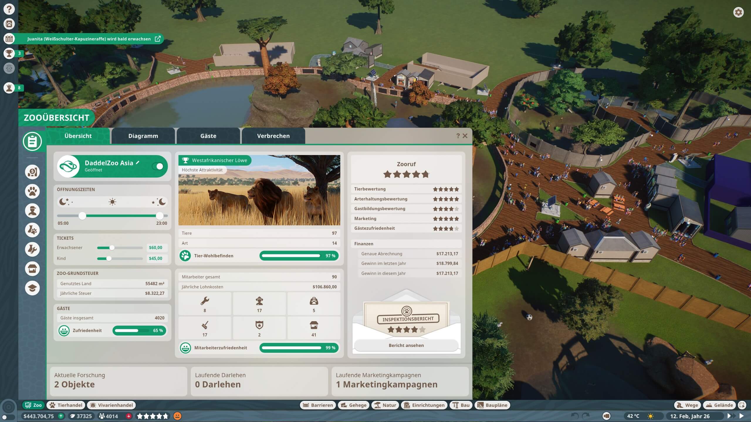 Der Verwaltungsbildschirm in Planet Zoo
