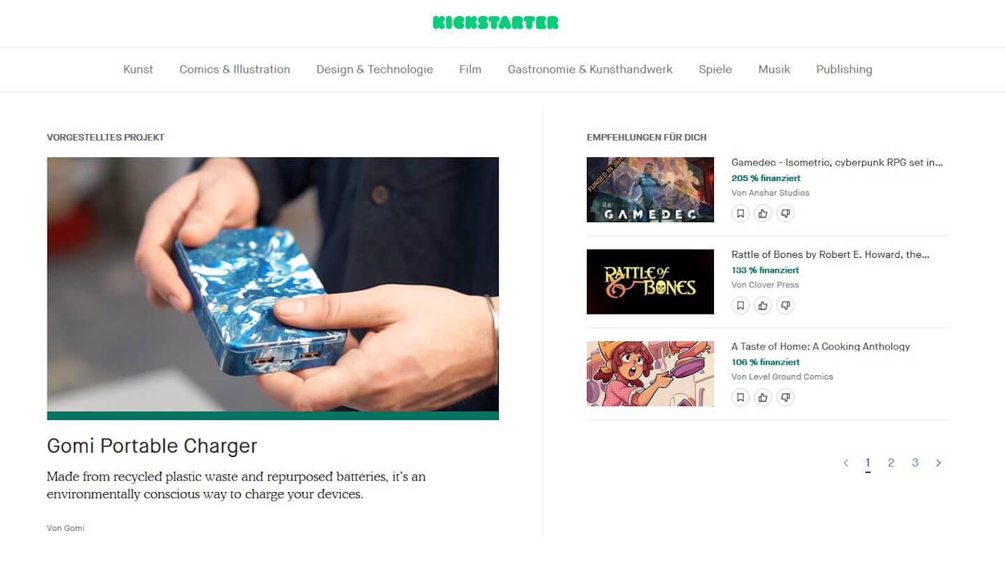Aktuelle Projekte auf der Kickstarter-Startseite