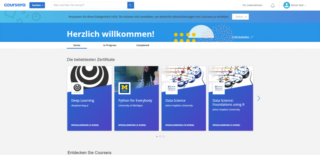 Screenshot aus Coursera erstellt von Moritz Stoll