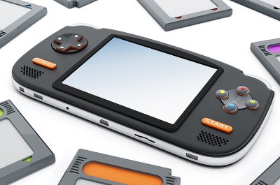 Das Bild zeigt eine Retro Handheld Konsole mit Retro Cartridges / Bild von Destina