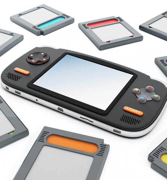 Das Bild zeigt eine Retro Handheld Konsole mit Retro Cartridges / Bild von Destina