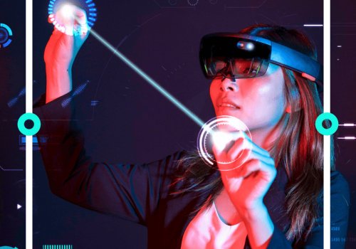 Eine Frau mit etwas VR-Brillen ähnlichem bearbeitet was in der Luft