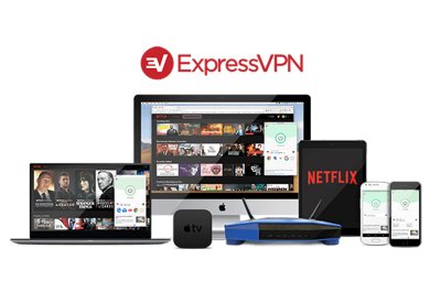 ExpressVPN-Logo mit Geräten mitinstalliertem VPN-Zugang.