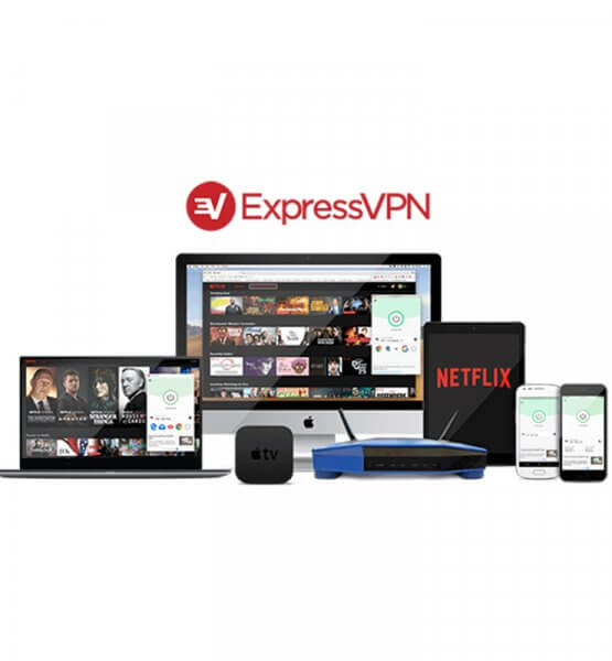ExpressVPN-Logo mit Geräten mitinstalliertem VPN-Zugang.