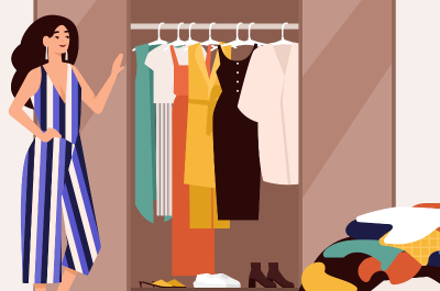 Animation, auf der eine Frau neben einem ordentlichen Kleiderschrank steht. Auf dem Boden liegt ein Haufen mit aussortierter Kleidung
