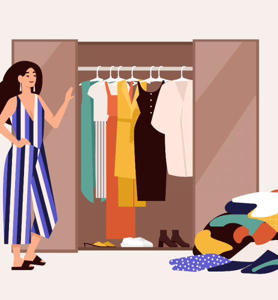 Animation, auf der eine Frau neben einem ordentlichen Kleiderschrank steht. Auf dem Boden liegt ein Haufen mit aussortierter Kleidung