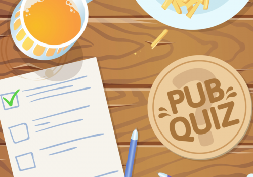 Animierter Tisch mit Bier, einem "Pub Quiz"-Untersetzer, Fritten und einem Fragebogen