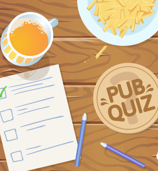 Animierter Tisch mit Bier, einem "Pub Quiz"-Untersetzer, Fritten und einem Fragebogen