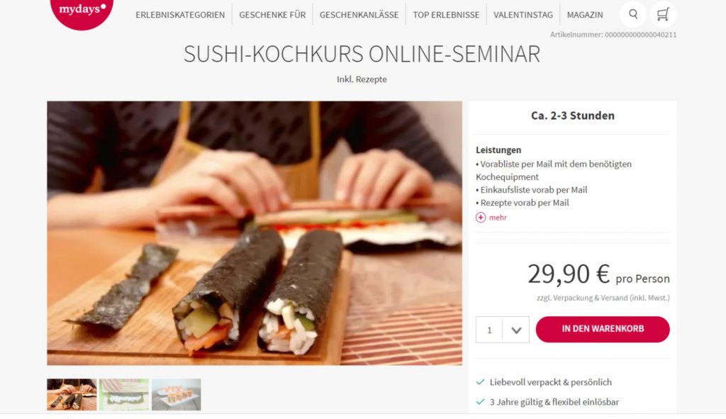 Ansicht der Website MyDays. Zu sehen ist der online Kochkurs Shushi.