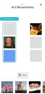 Screenshot der Google Arts and Culture App. Abgebildet ist das Mini-Spiel "visuall crossword". Ein Kreuzworträtsel mit Bildern zeitgenössischer und antiker Kunst.