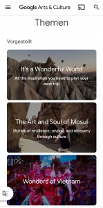 Screenshot der Google Arts and Culture App. Zu erkennen ist ein Ausschnitt aus der Kategorie "Themen" mit drei Beispielartikeln.