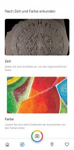 Screenshot der Google Arts and Culture App. Zusehen ist sind die Filteroptionen nach Farben und Zeitalter.