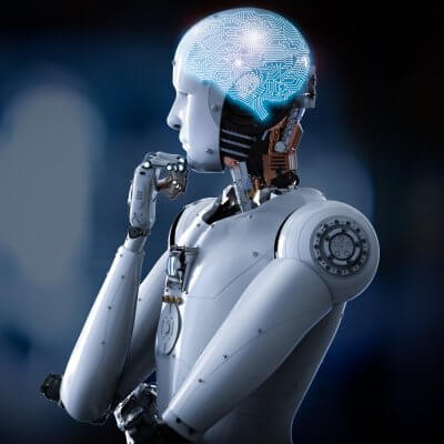Ein Roboter mit Künstlicher Intelligenz hat die Hand nachdenklich am Kinn