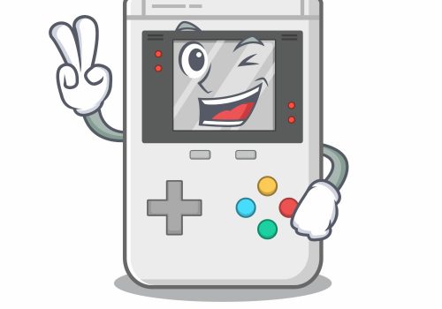 Eine comichafter Game Boy mit Händen, der einem zuzwinkert.