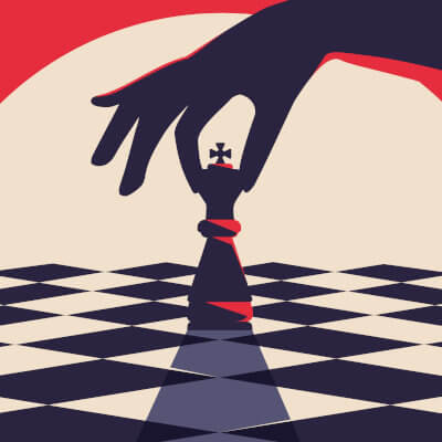 stilisiertes Bild einer Hand, die den König über ein leeres Schachfeld bewegt.