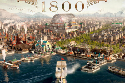 Coverart von Anno 1800, bei dem ein SChiff in den Hafen einer großen Metropole im Jahr 1800 einläuft.
