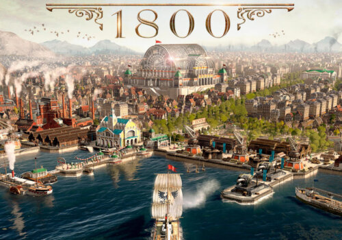 Coverart von Anno 1800, bei dem ein SChiff in den Hafen einer großen Metropole im Jahr 1800 einläuft.