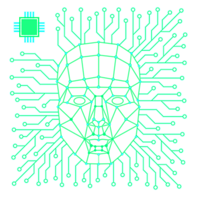 Bild einer Gesichtserkennungssoftware, grüne Linien verzweigen sich nach außen, in der Mitte bilden sie eine Gesichtsstuktur