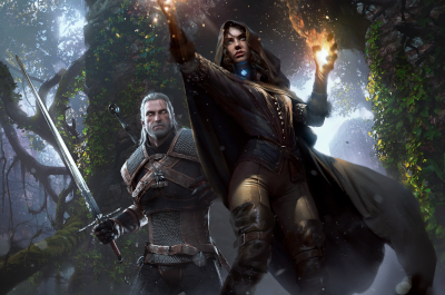 Geralt und Yennefer in Kampfpose, mit gezogenem schwert und erhobenen Händen im Wald in einer Ruine, in Anime stil gemaltes Bild