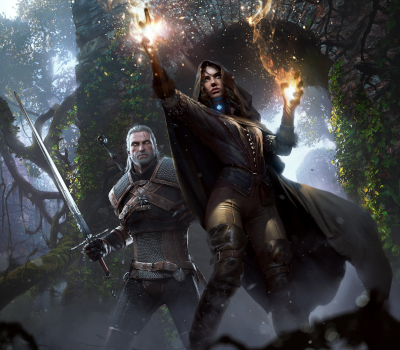 Geralt und Yennefer in Kampfpose, mit gezogenem schwert und erhobenen Händen im Wald in einer Ruine, in Anime stil gemaltes Bild