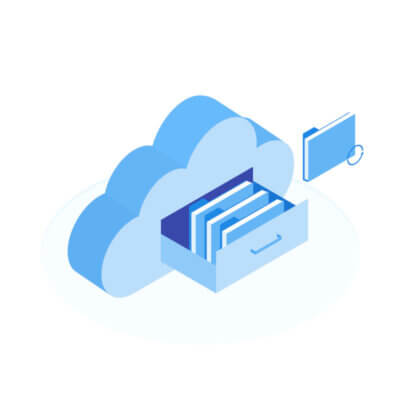 Cloud Storage dargestellt als eine Wolke mit einer Schublade voller Datenblätter