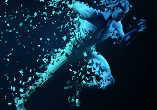 Männlicher Sportler dargestellt in einer Art digitalen (Holo-) Version.