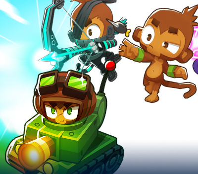 Bloons TD6 Bild in Comicstil, 3 Affen zu sehen, einer in einem Panzer, der andere über ihm mit einem Hightech Bogen, der andere rechts mit einem Dartpfeil