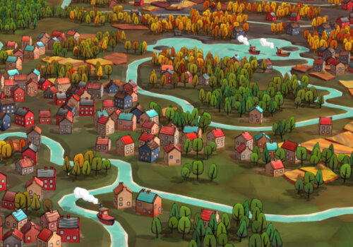 Eine Drofromantik-Landschaft mit vielen Häudern, Wäldern, Flüssen und Feldern.