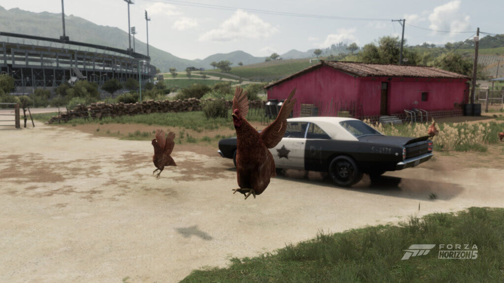 Hühner fliegen davon, als ein alter Dodge mit Polizeilackierung vorbeifährt.
