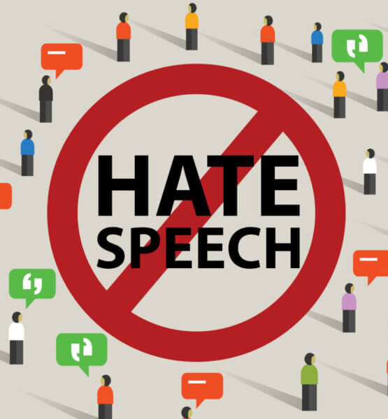 Zu sehen sind die Wörter Hate und Speech, die rot umkreist und durchgestrichen sind. Um die Wörter herum sind Avatar-Menschen mit Sprechblasen zu sehen.