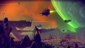 Games as a Service done right Beispiel: Planetenlandschaft aus No Man's Sky mit fliegenden Raumschiffen im Hintergrund