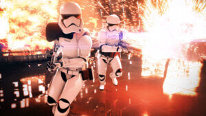 Games as a Service done wrong Beispiel: Sturmtruppen aus Star Wars Battlefront 2 vor Explosionen