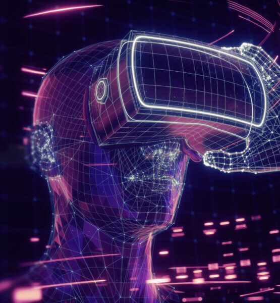 Eine virtualisierte Person, die ein VR-Headset trägt.